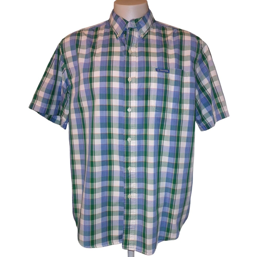 US Polo Assn‎ Shirt Men's Large Poplin Plaid Button Up Short Sleeves Pocket Logo